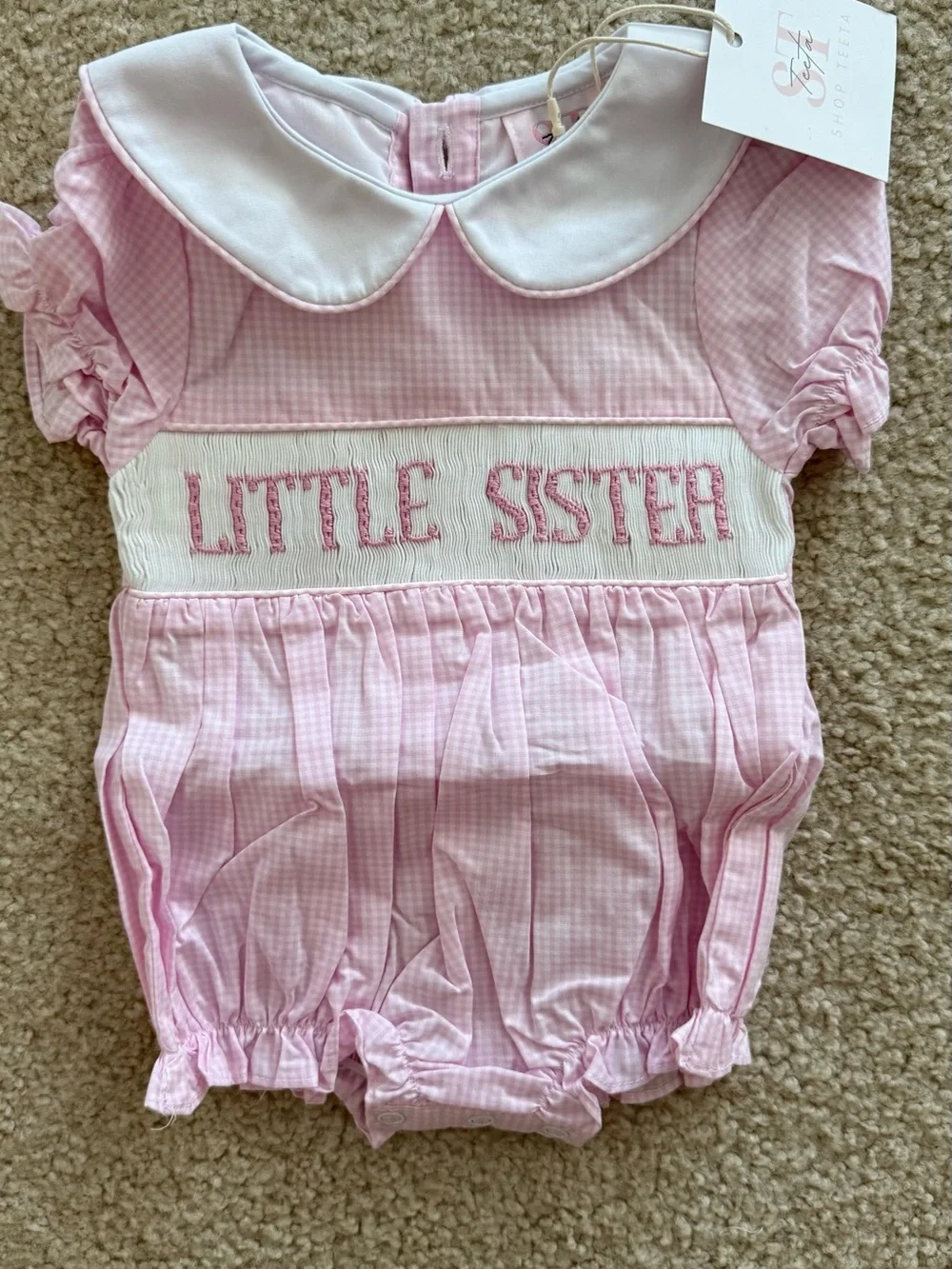NWT NB Baby Girls Pink 'Little Sister' Smocked One-Piece Bodysuit
